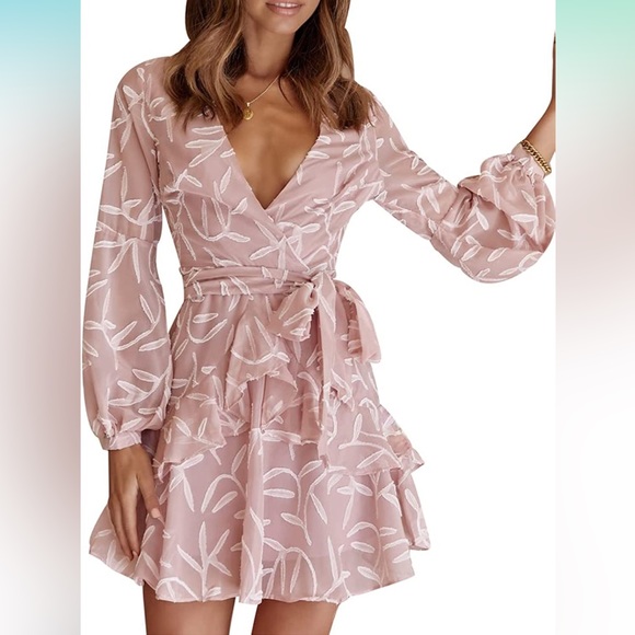Women's Spring Deep V-Neck Ruffle Hem Swing Mini Dresses Long Sleeve with Zipper - Picture 5 of 10